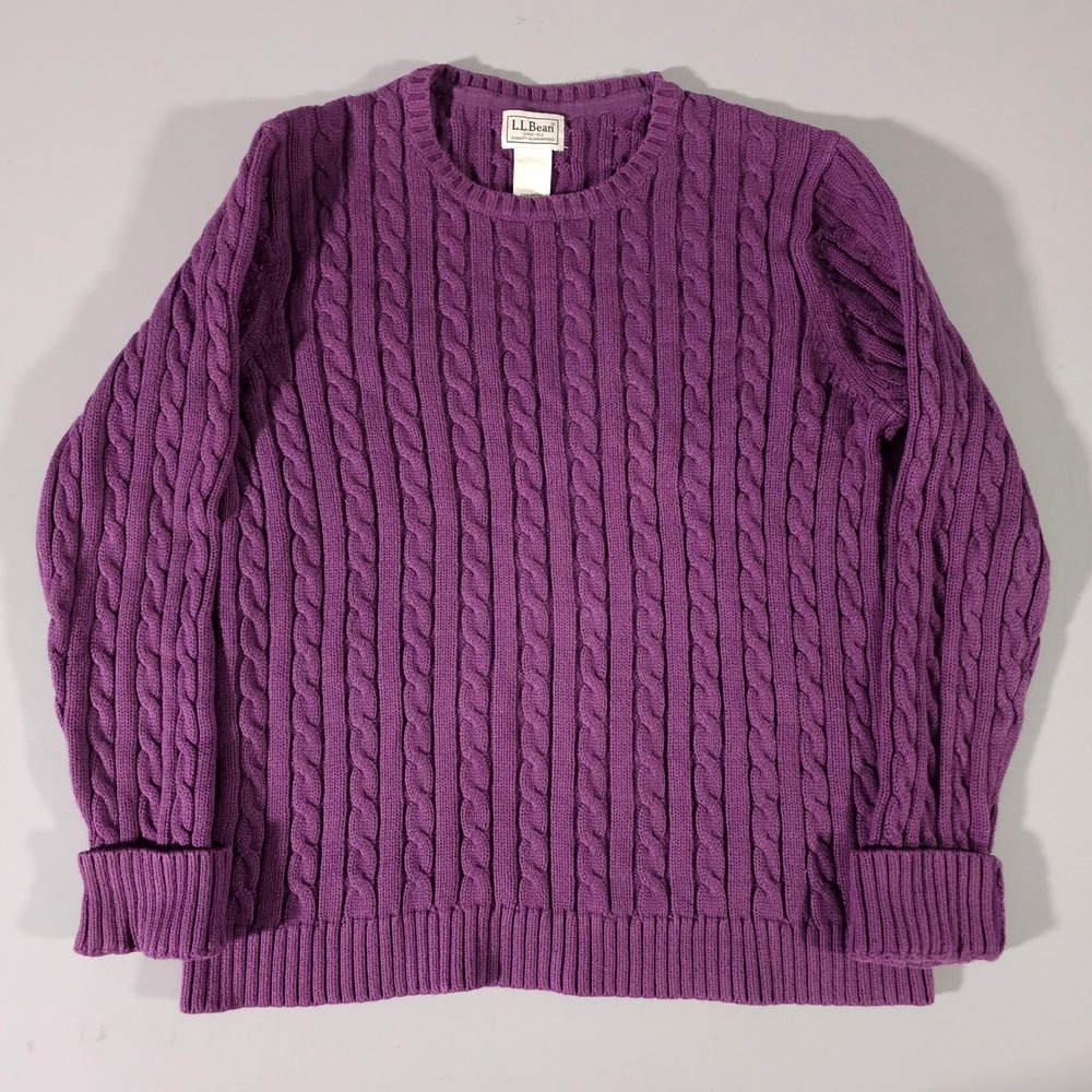 L.L. Bean Cable Knit Sweater Womens L Purple Cotton Crewneck Pullover
